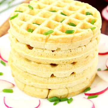 These Gluten-Free Waffles Recipe (Video) are light, tender, fluffy, low carb, keto-approved, and that actually tastes amazing! You can serve these waffles savory way is to top it with some Greek yogurt, salmon and your favorite vegetables or sweet with a large dollop of whipped heavy cream and drizzle with homemade strawberry sauce!